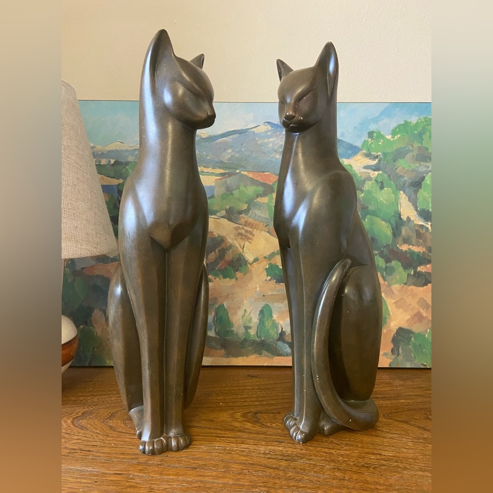 Elegant Bronze Toned Cat Sculptures Vintage